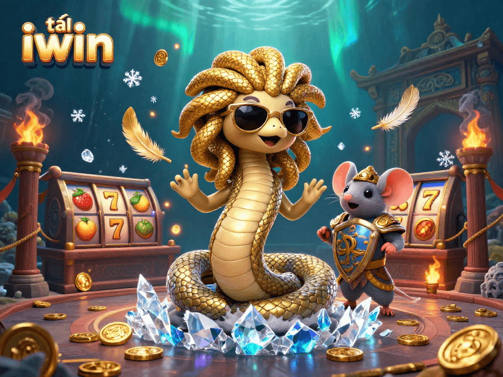 Tải iwin and celebrate wins in a mesmerizing casino scene with Medusa and a warrior mouse.