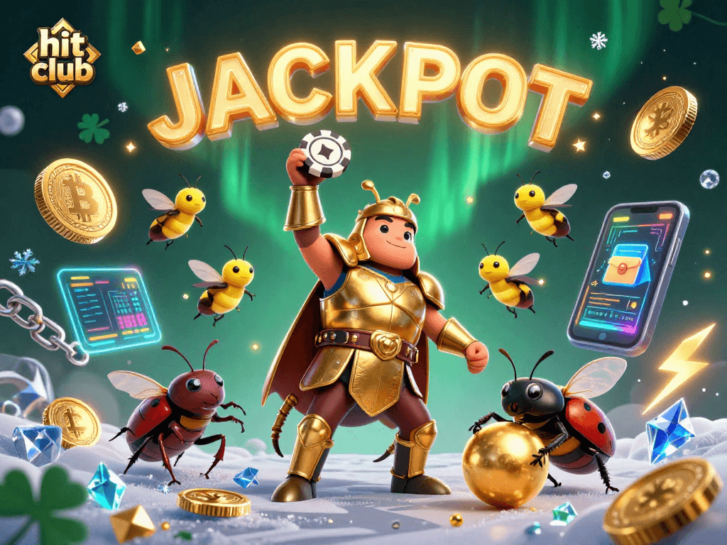 Join the hit club with a victorious beetle in a vibrant, animated casino scene.