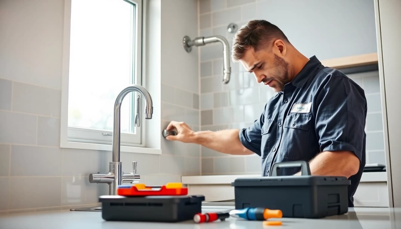 Hire a reliable plumber near me fixing a leak in a modern kitchen.