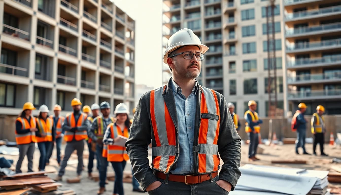 Manhattan General Contractor overseeing a construction site with skilled workers and blueprints.