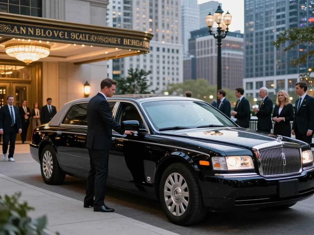 Aurora IL limo service featuring a professional chauffeur with a Lincoln Continental at a luxury hotel in Chicago.