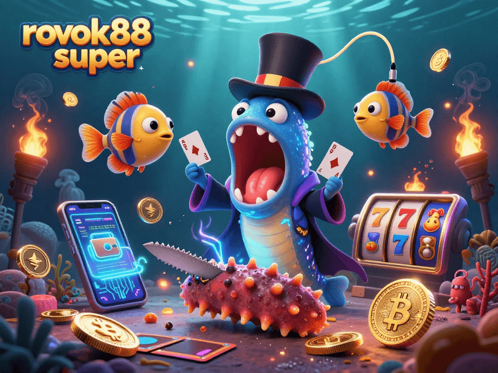 Engage with rokok88 super as the bioluminescent eel performs tricks amidst vibrant slot reels and crypto symbols.