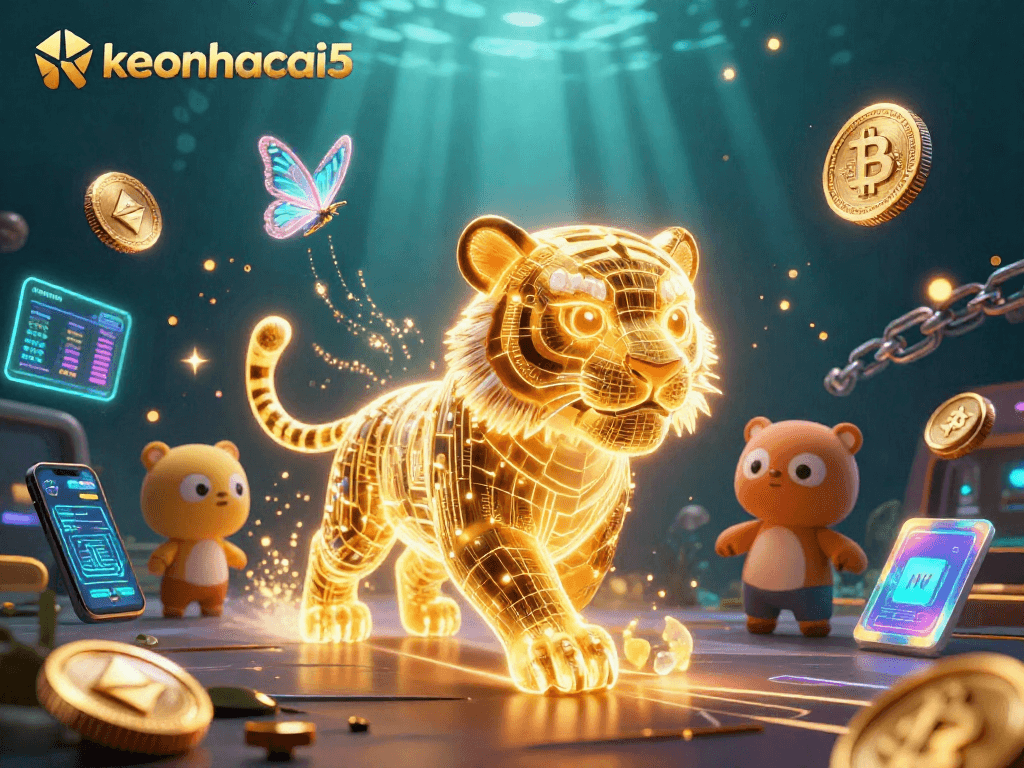 Engage with keonhacai5 in a vibrant digital casino landscape filled with neon elements.