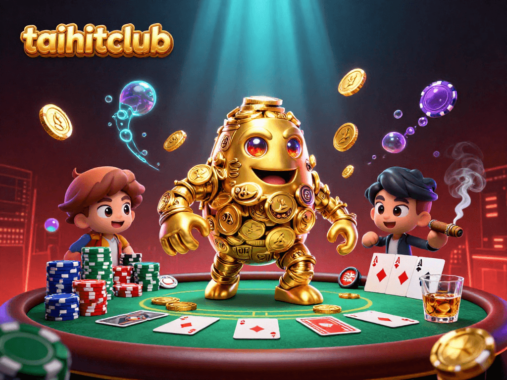Visualize the excitement of taihitclub with a vibrant poker-themed scene featuring golem characters.