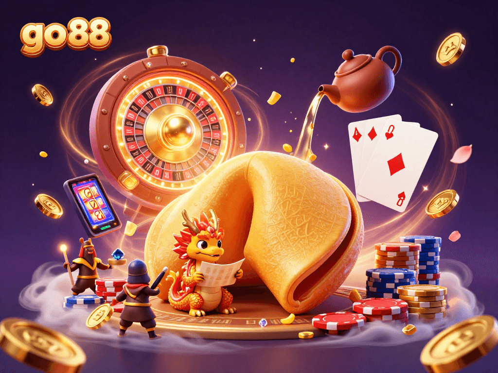 Enjoy dynamic winnings at go 88 with a lavish casino-themed illustration filled with giant golden fortune cookie elements.