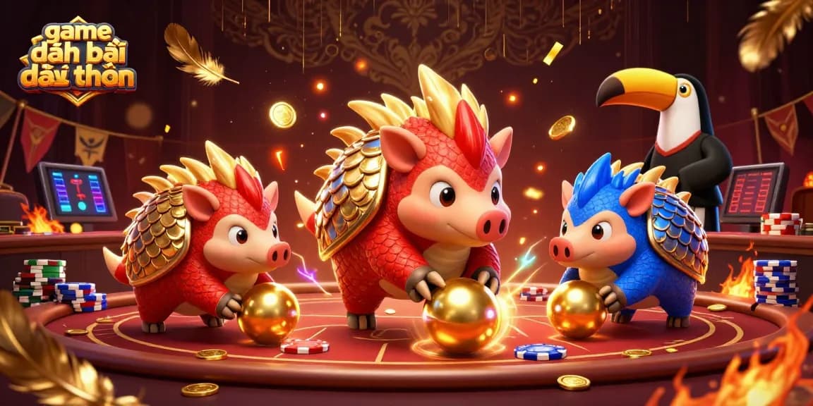 Experience thrilling game đánh bài đổi thưởng with pangolins battling over poker chips in a vibrant casino!