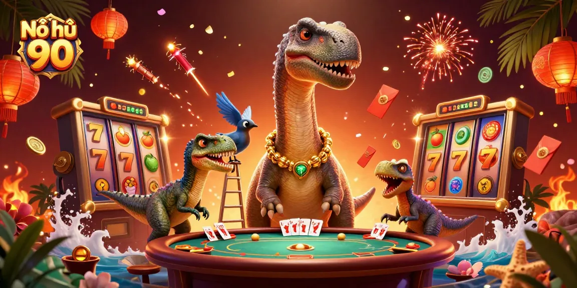 Nổ hũ 90 showcases an exciting casino scene with a playful brontosaurus and clever raptor engaging players.