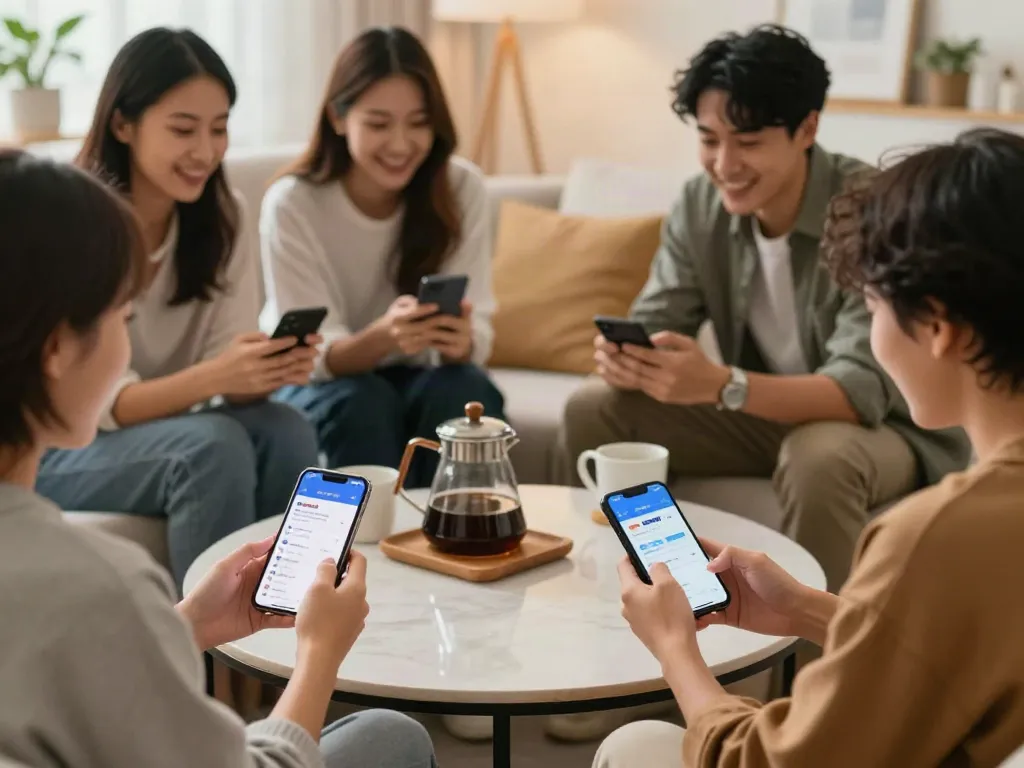 Friends enjoying rokok88 link on mobile devices in a cozy lounge.