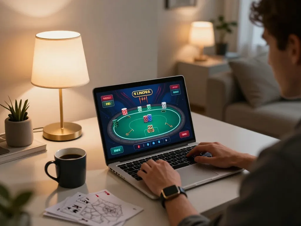 lc88 online gaming setup showcasing poker interface on a laptop in a cozy home environment