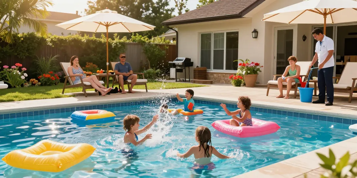 Dolphin Pool Services maintaining a sunny backyard pool as families enjoy summer fun.