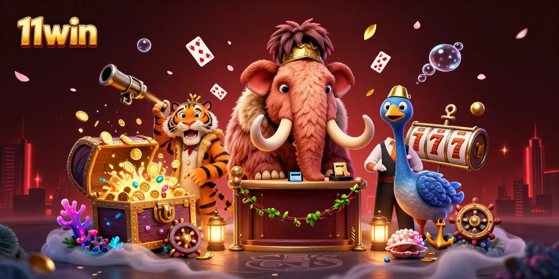 11win casino scene with a woolly mammoth bouncer, a saber-tooth tiger, and vibrant game elements.