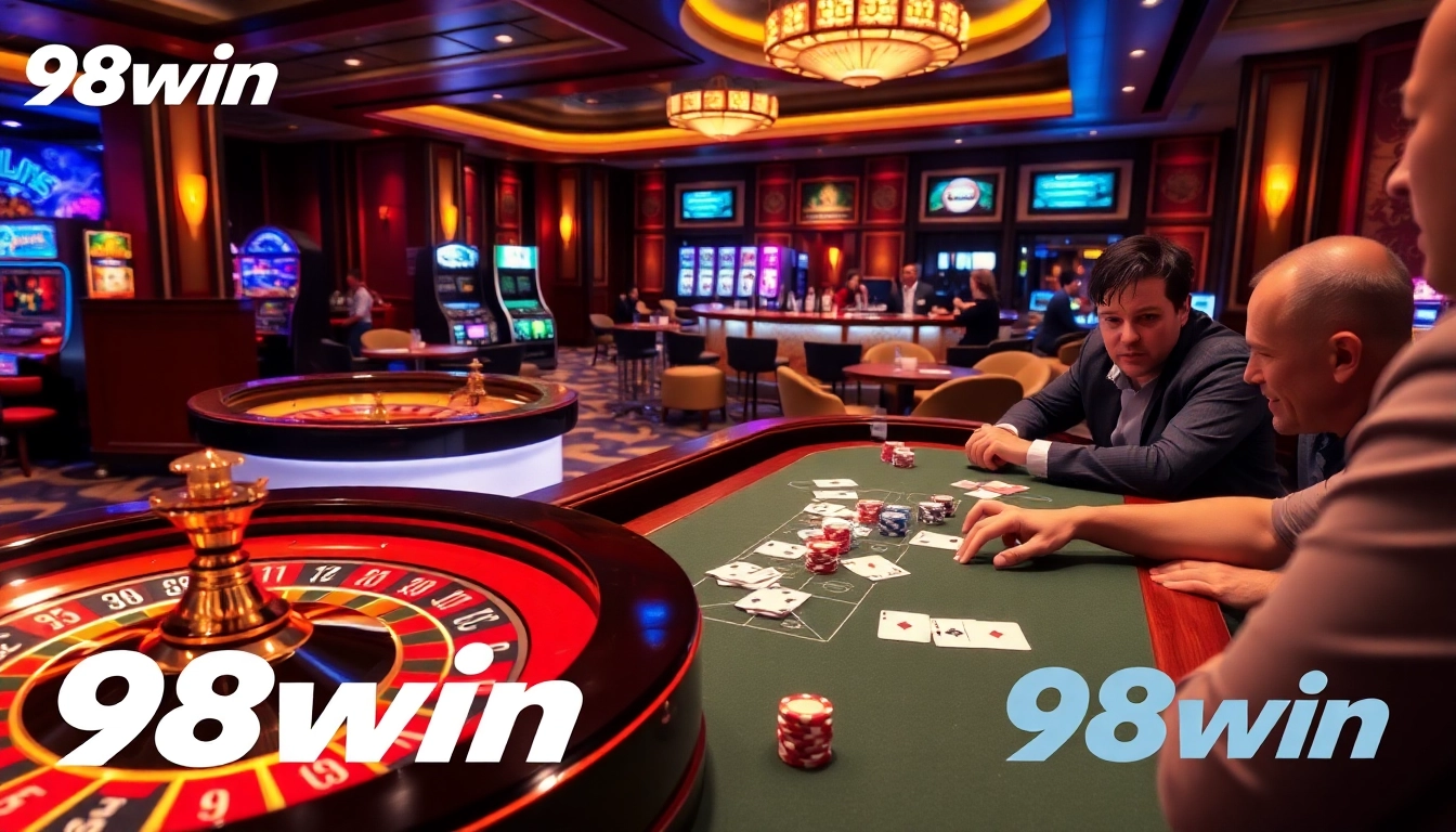 Engaged players enjoying a thrilling poker game at 98win casino, highlighting excitement and strategy.