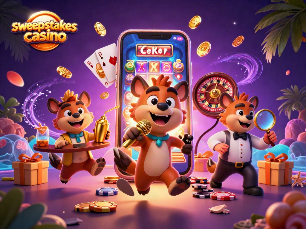 The scene showcases a vibrant sweepstakes casino filled with cheerful hyenas, engaging in entertaining activities.