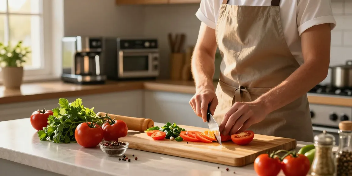 Fresh vegetables being chopped on a totally bamboo cutting board in a warm home kitchen.