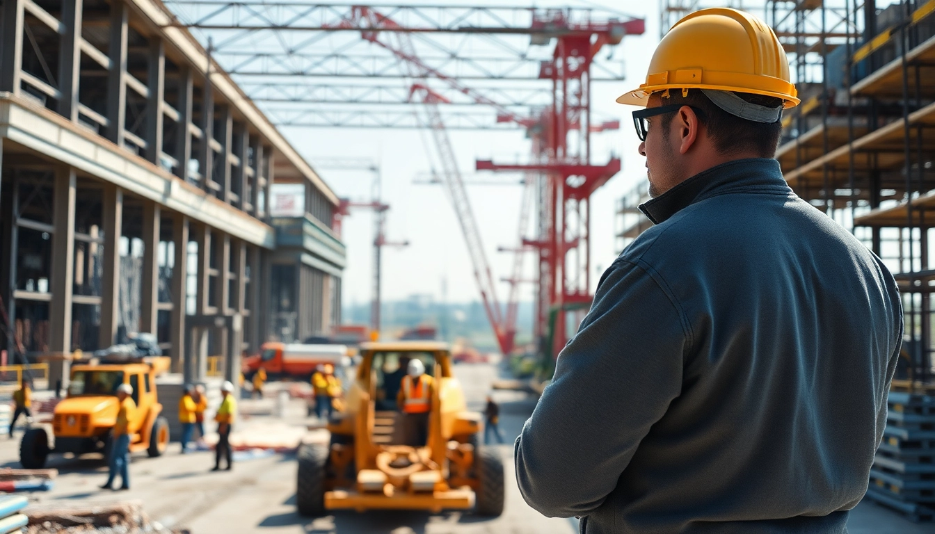 New Jersey Construction Manager directing activities at a lively construction site with cranes.