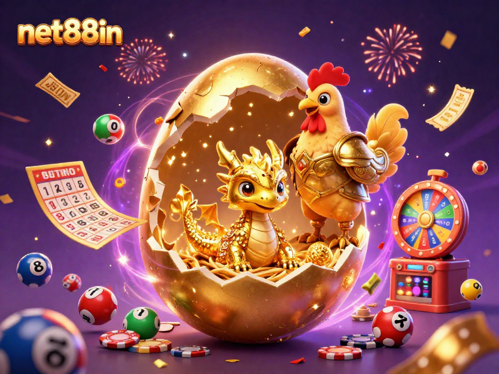 Indulge in the vibrant casino world with net88in showcasing a golden dragon and lottery elements.