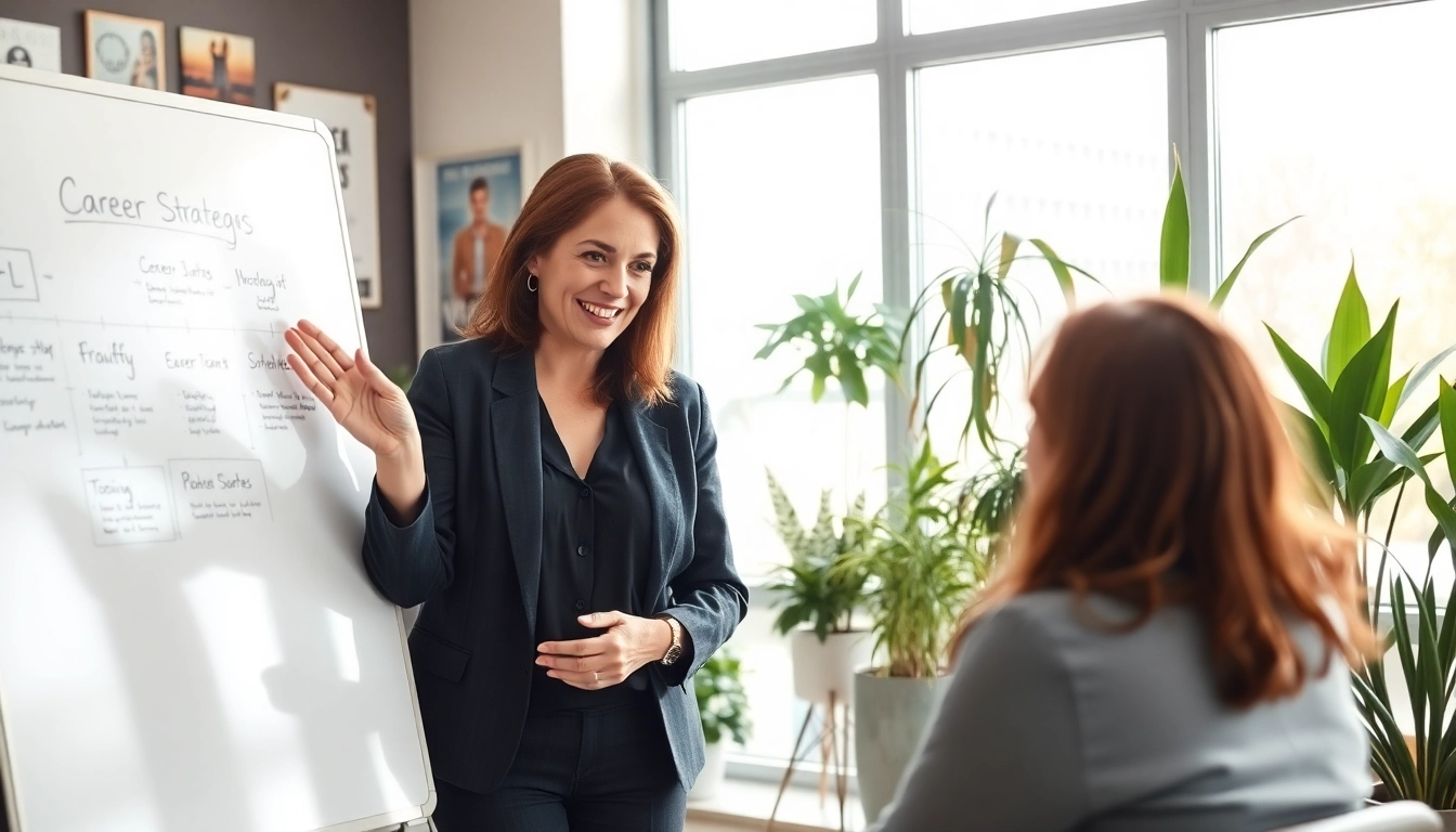 Career coaching session with a professional coach in a modern office setting.