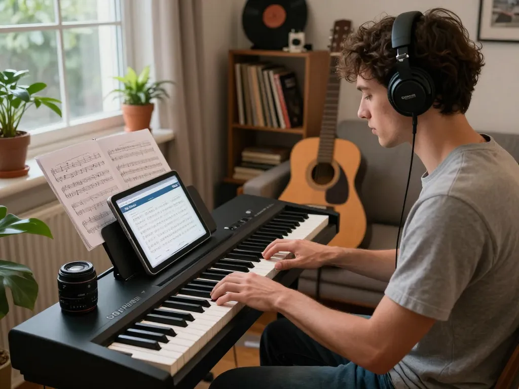 Engaging scene of a musician playing the go 88 digital piano in a cozy living room setting, surrounded by music sheets and warm light.