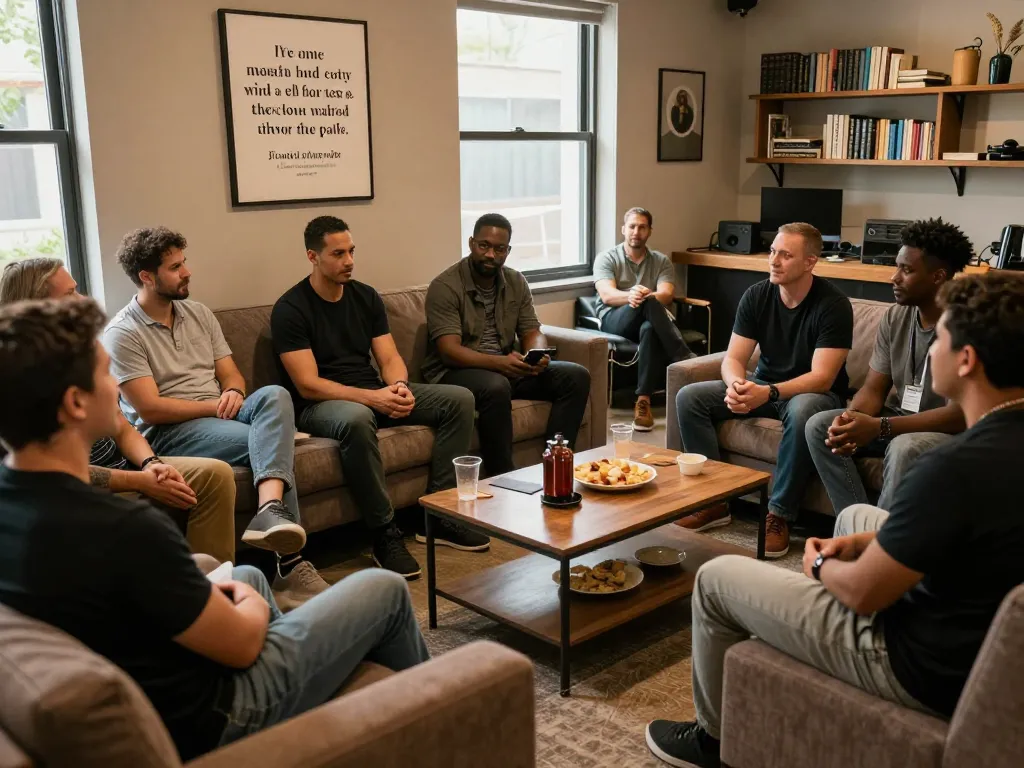 Men discussing personal growth at a man club, fostering brotherhood and support.