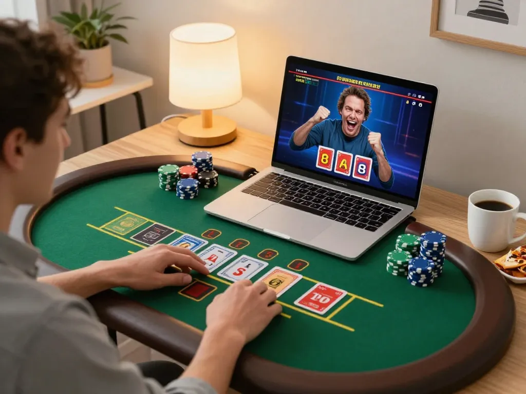 Player engaged in online blackjack at their laptop, showcasing the excitement of https://fc88.baby for strategic gameplay.