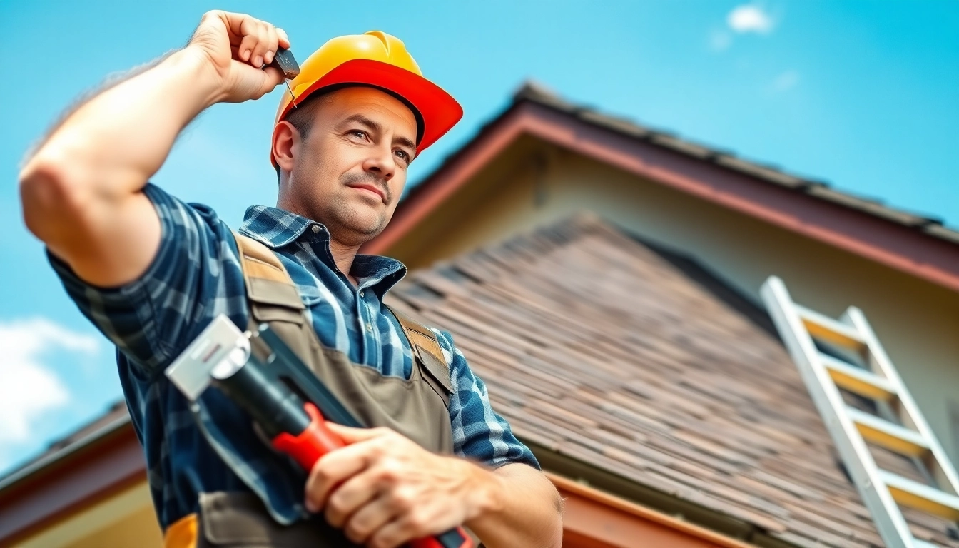 Roofing contractor inspecting a roof with tools, showcasing professional quality in a sunny environment.
