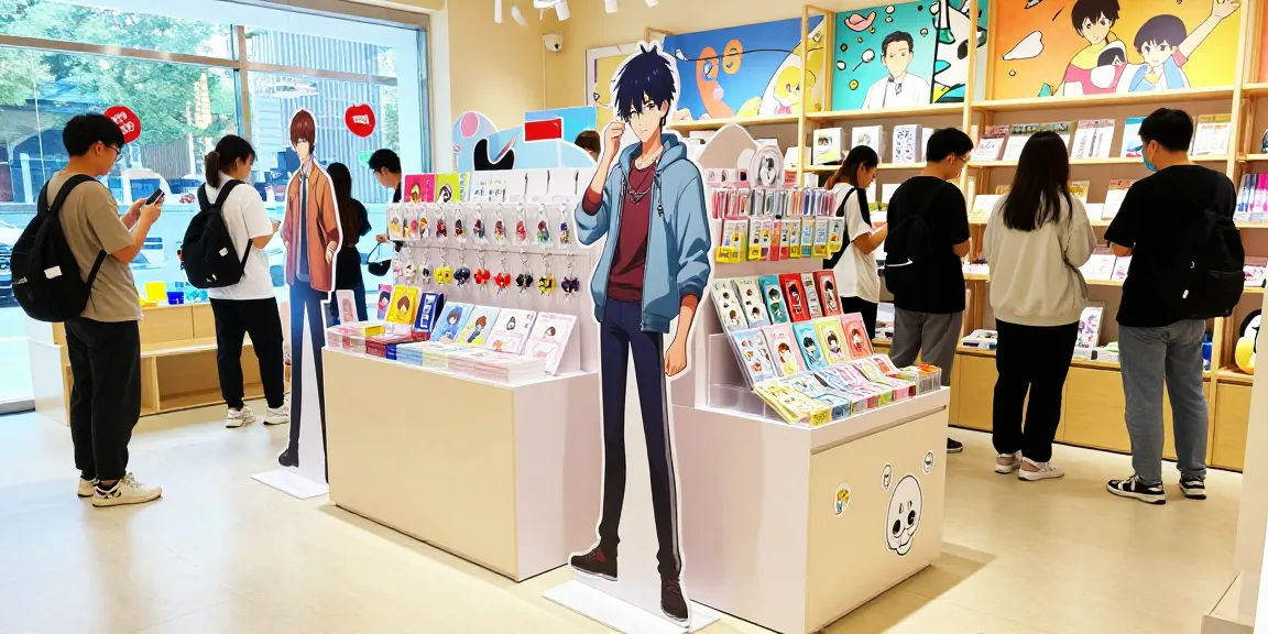 Vibrant acrylic standee showcasing customized characters in a lively retail environment.
