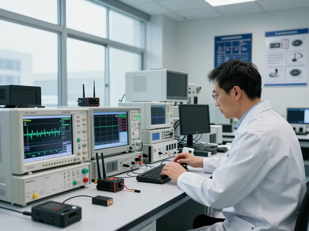Engineer performing RF testing in a high-tech lab environment with advanced equipment showcasing compliance processes.