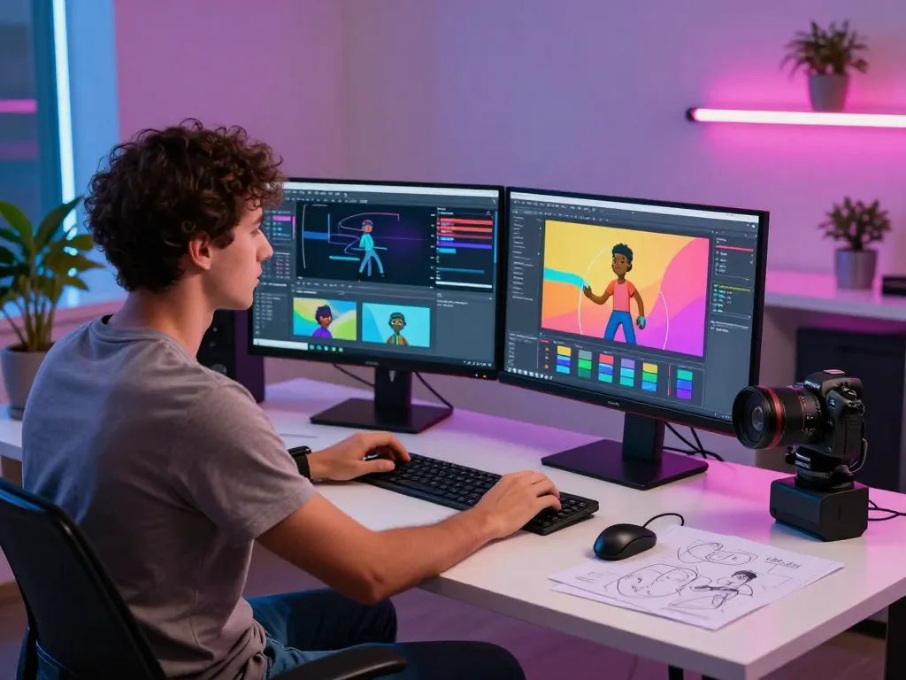 Kling motion technology in action as a creative professional animates characters in a modern digital studio.