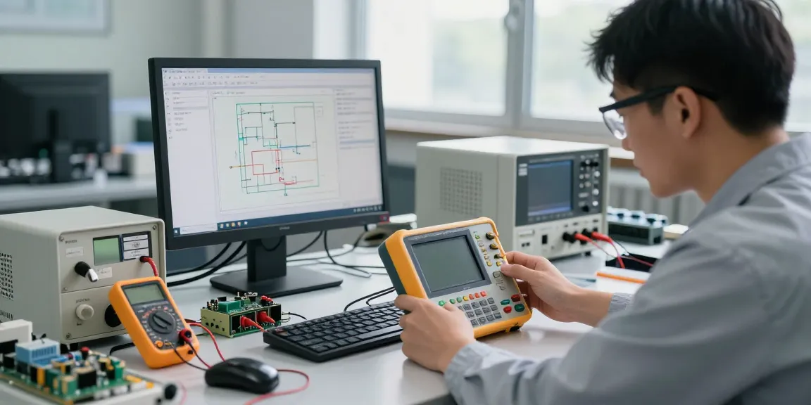 Technician using a Handheld Portable Oscilloscope in a modern electronics workshop, surrounded by testing tools and components.