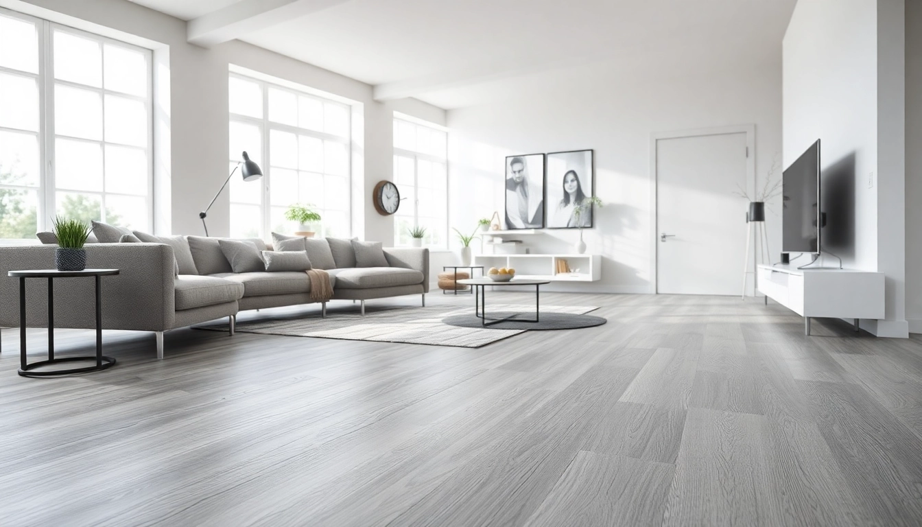 Showcase of grey vinyl flooring in a modern living room, emphasizing its sleek and stylish features.