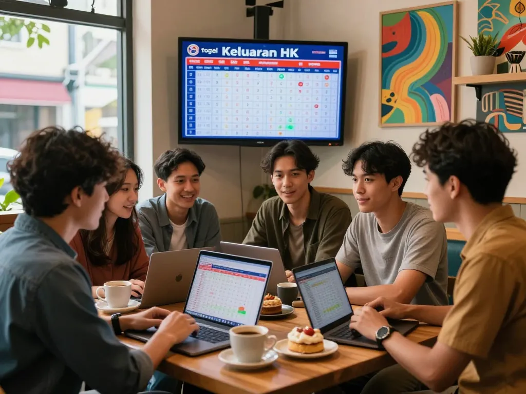 Penggemar Togel Hongkong mendiskusikan strategi di sebuah kafe dengan grafik data dan Keluaran HK yang ditampilkan.