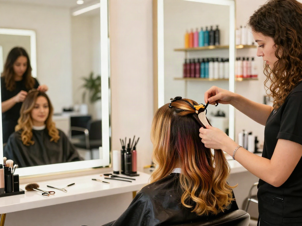 Applying thin tape in extensions in a beauty salon, showcasing vibrant hair textures.