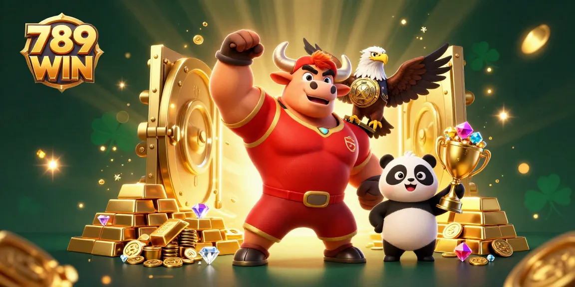 Win big with 789 WIN as the bull mascot celebrates in a casino scene filled with treasures.