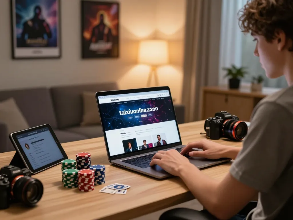 Player engaging with taixiuonline.za.com on a laptop in a well-lit home office, surrounded by poker chips.