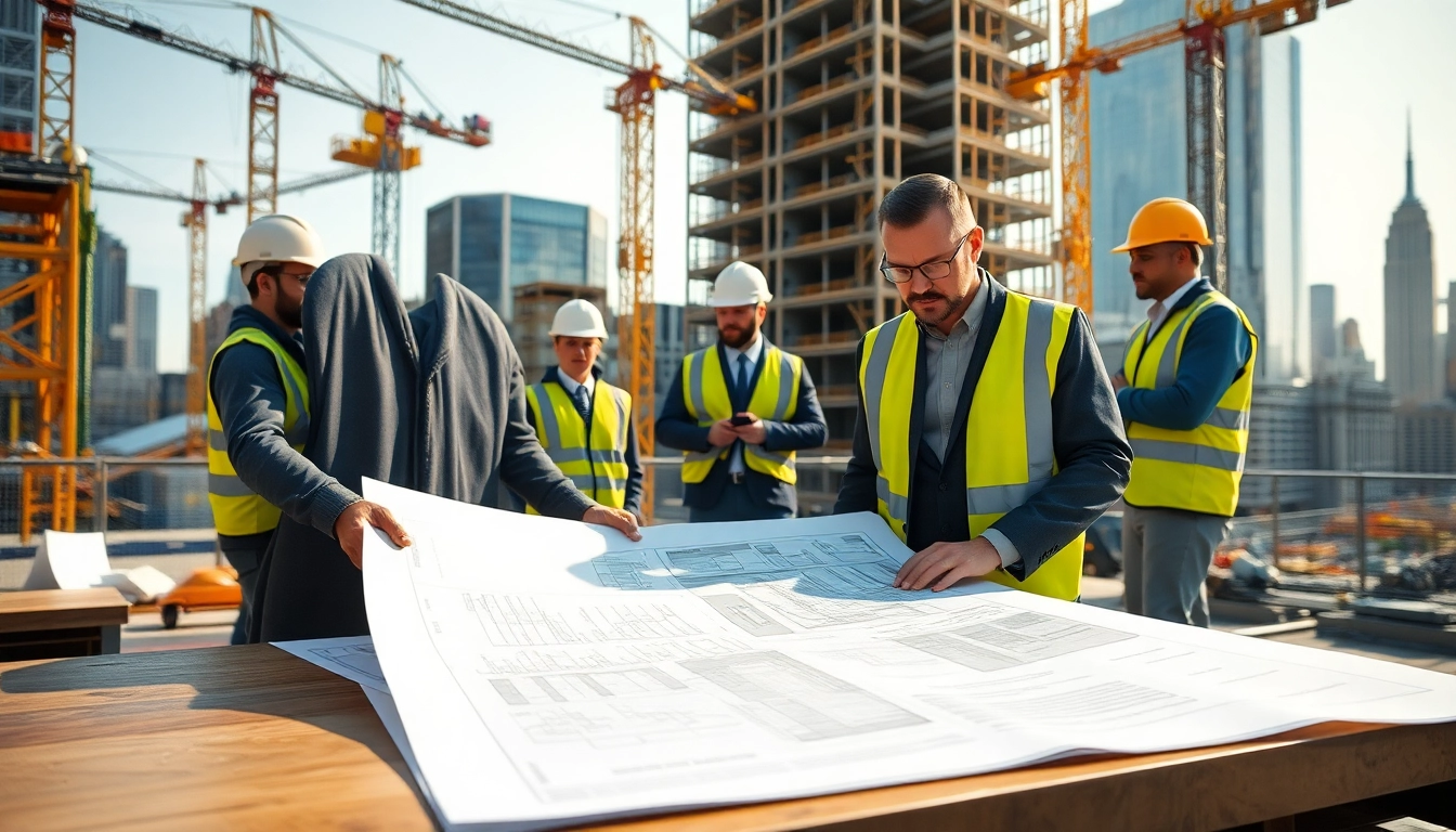 New York Construction Manager analyzing blueprints at a vibrant construction site.