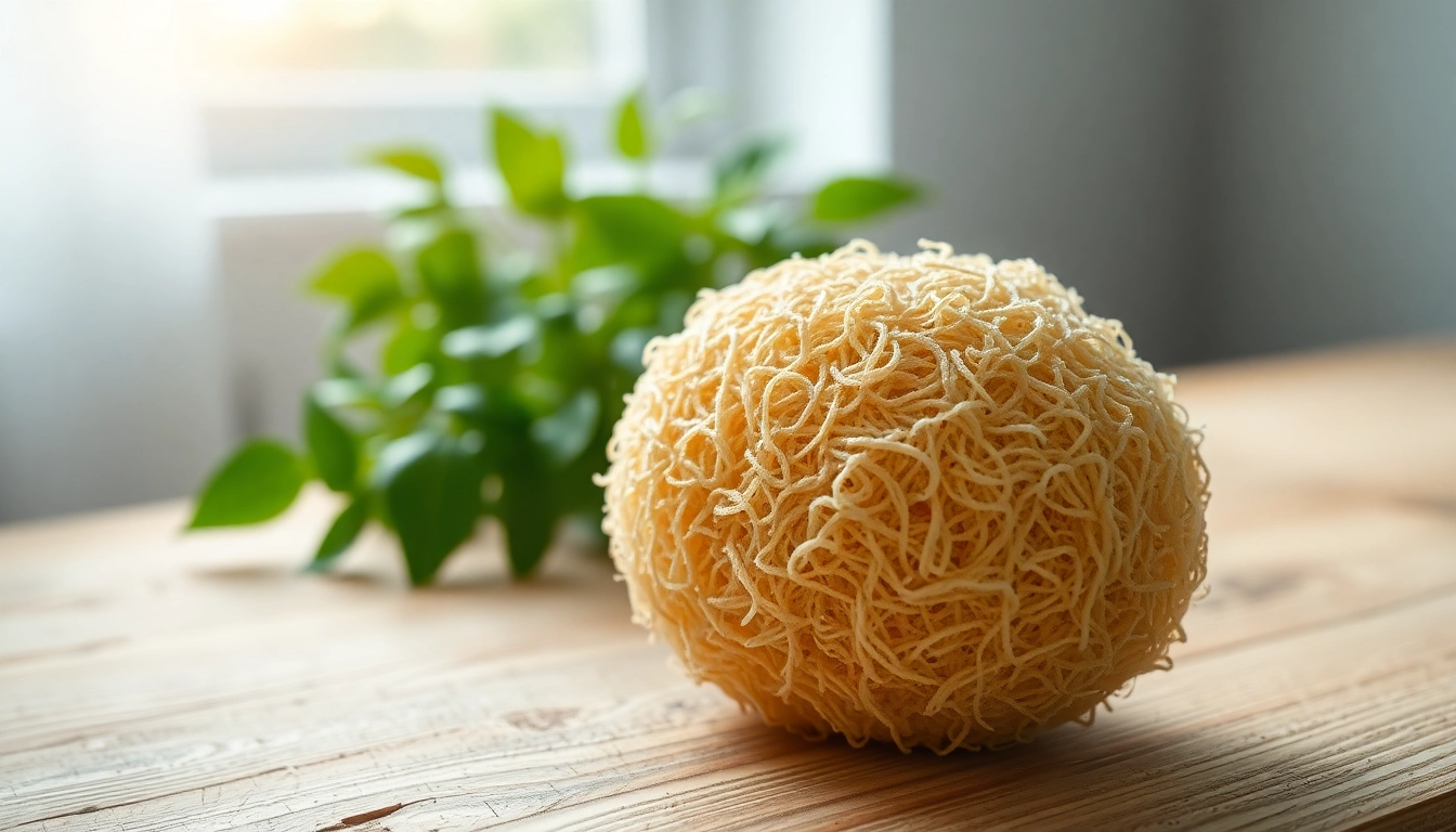Showcasing a raw loofah sponge highlighting its natural texture and shape for eco-conscious beauty.