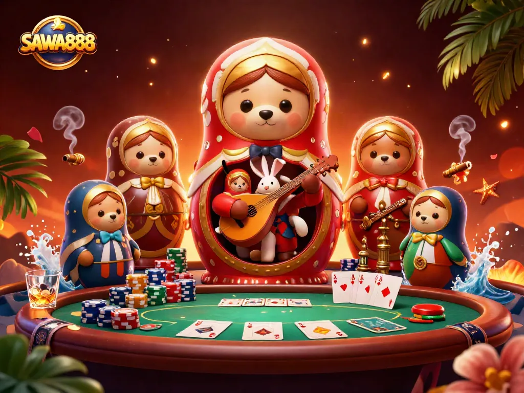 Engage with SAWA888's vibrant casino scene featuring animated characters and dynamic gaming elements.