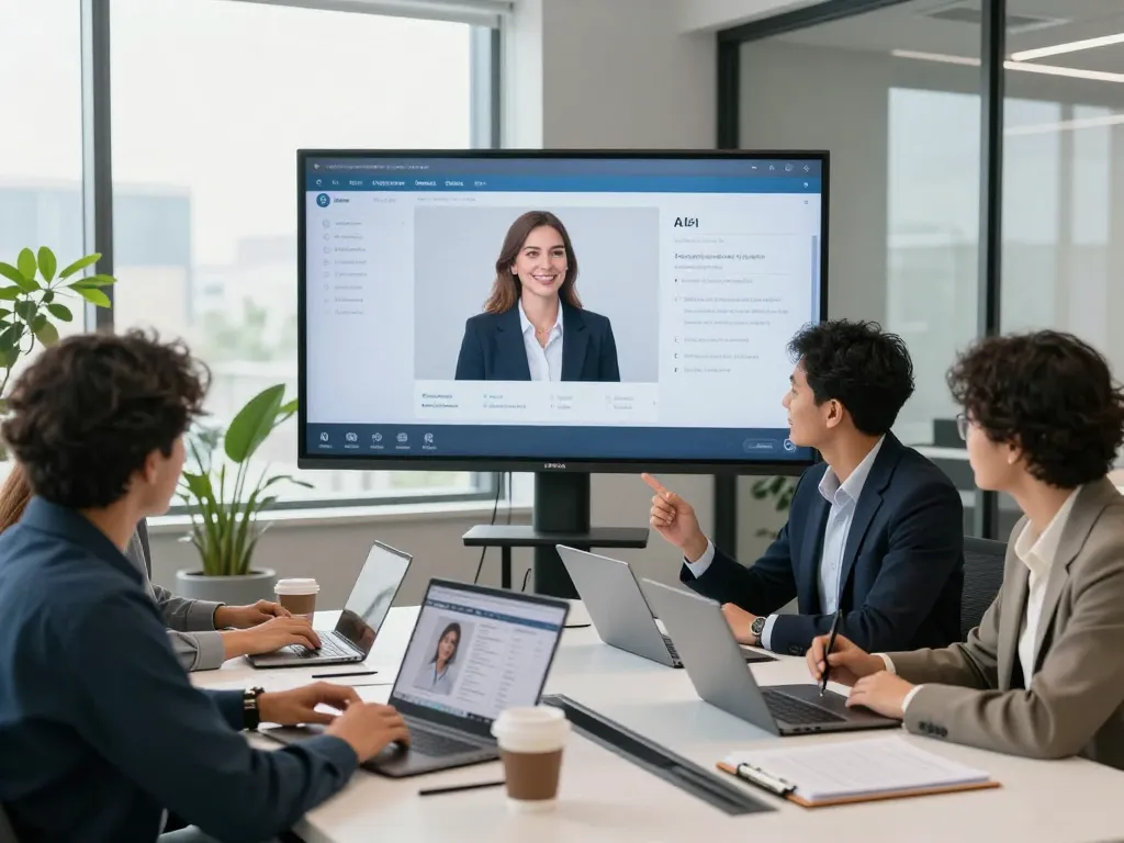 AI voice interview platform showcased in a modern office setting with a collaborative team discussing candidate evaluations, emphasizing innovative hiring processes.