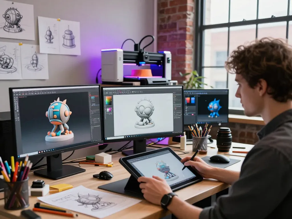 3D Model generator workspace showing artist designing models with a digital tablet and 3D printer.