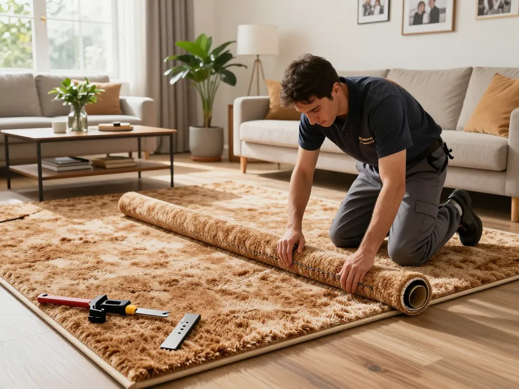 Professional carpet fitters near me installing plush carpet in a cozy living room.