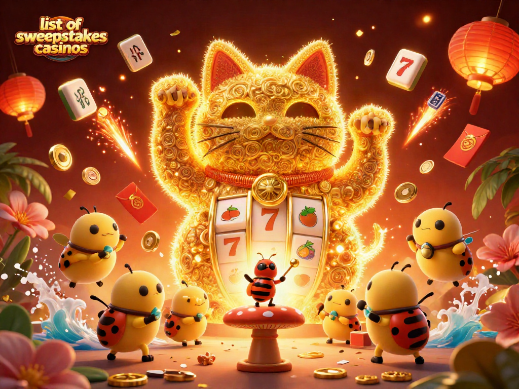 Play at the list of sweepstakes casinos featuring a giant lucky cat surrounded by vibrant slot symbols.