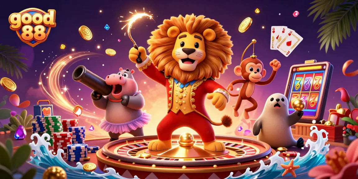 Spin the reels at good 88, where the lion ringmaster leads a vibrant casino adventure with games and fun.