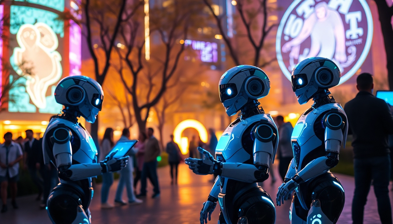 AI companions in a futuristic park, embodying the concept of crush on ai through joyful interactions.