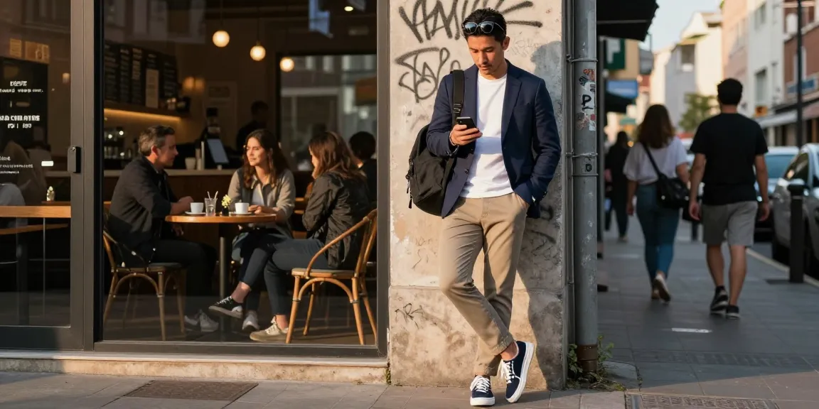 Stylish man's fashion outfit against urban graffiti backdrop showcasing modern streetwear.