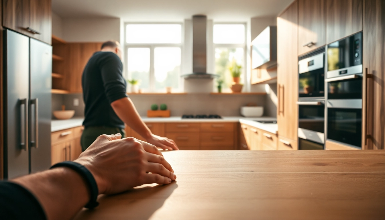 Qualified kitchen fitters near me installing modern cabinetry in a bright kitchen.