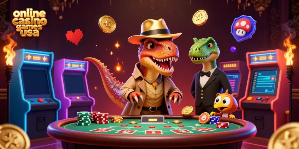 Engage with exciting online casino games USA through velociraptor card counters, blackjack tables, and animated game elements.