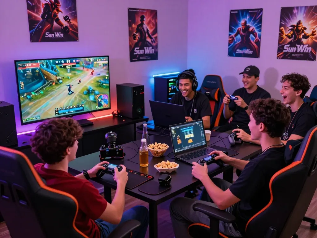Diverse friends enjoying a gaming session around "Sun Win," vibrant atmosphere with snacks, controllers, and exciting gameplay.