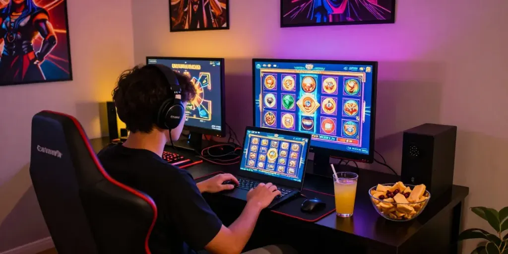 Engaging user enjoying the gaming experience on a situs gacor platform with vibrant slot game graphics.