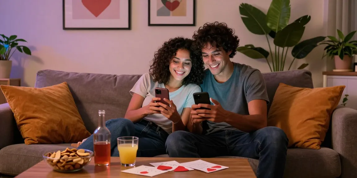 Couple enjoying playful sexting ai conversations on cozy couch, intimate and warm atmosphere.