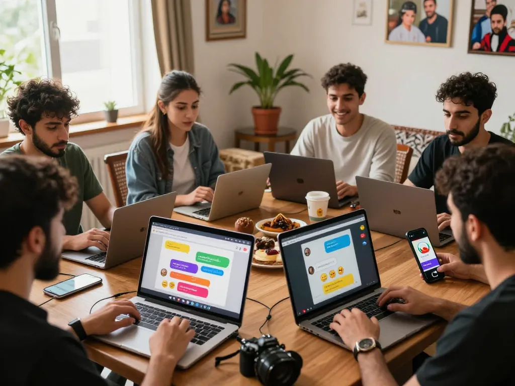 Connecting through شات فلسطين in a lively chatroom filled with vibrant discussions among diverse users.